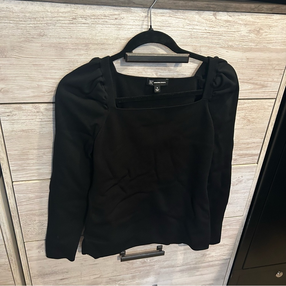 Women's INC Ribbed Puff Sleeves Pullover Black Top Size M